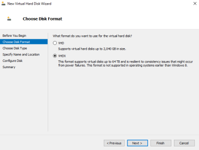 New Hard disk wizard with the VHDX option selected.